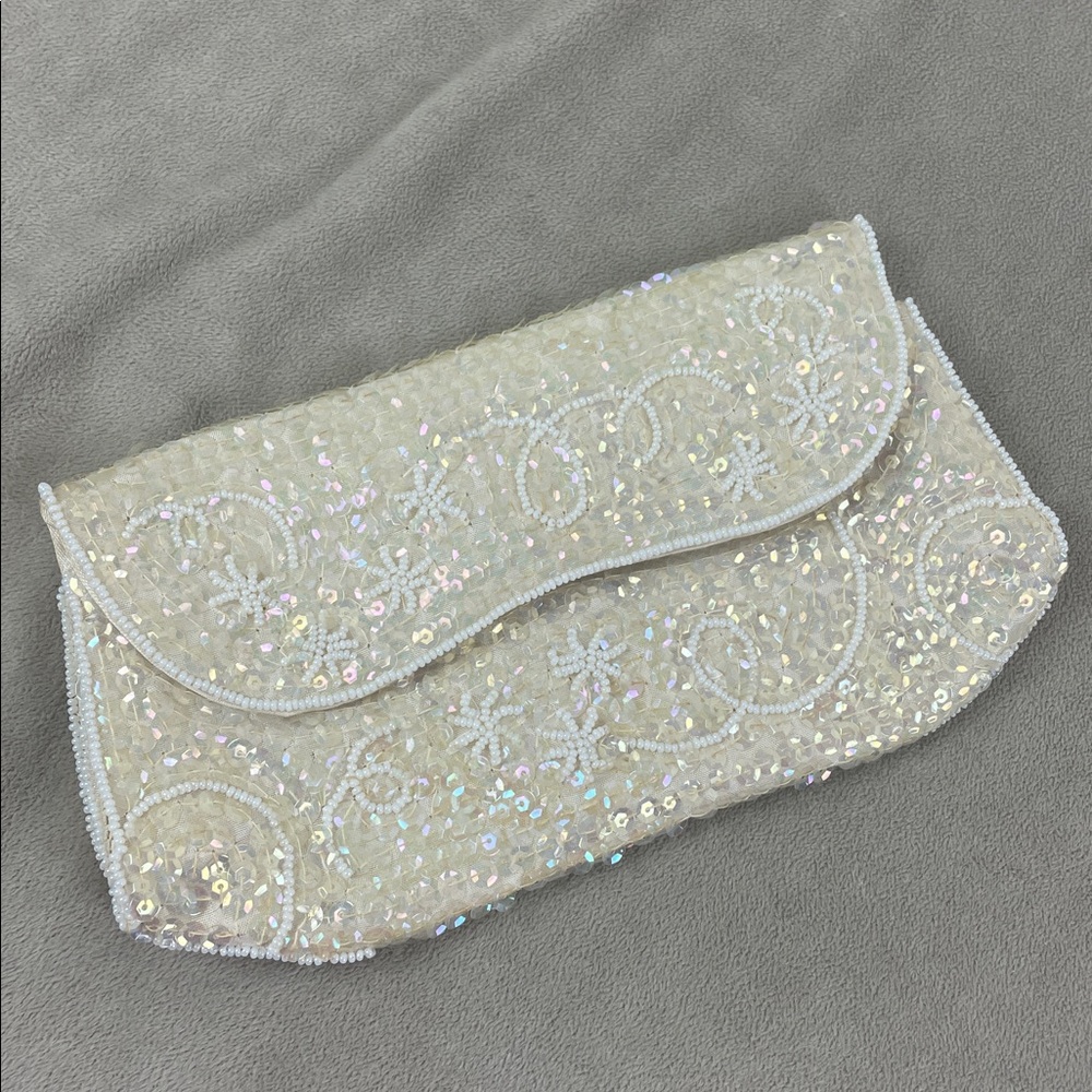 La Regale Vintage Japanese Clutch Cream Sequin White Beaded - Picture 2 of 10